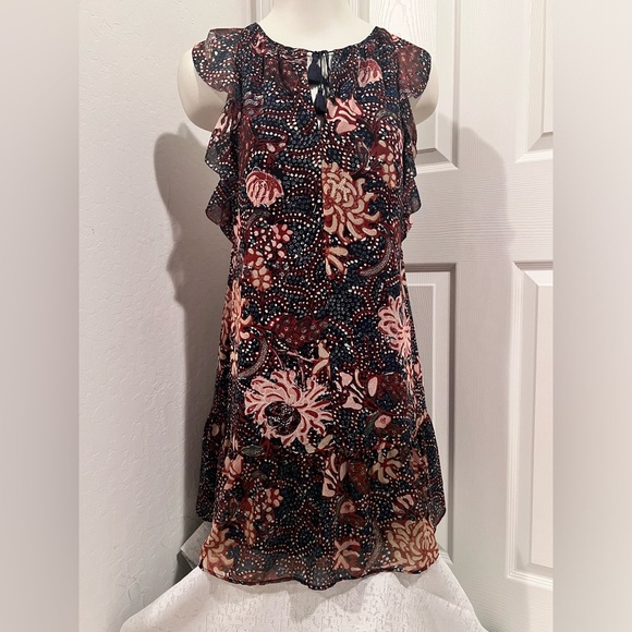 Madewell Womens V Neck Ruffle Trim Abstract Peplum Midi Dress Multi - Picture 2 of 9